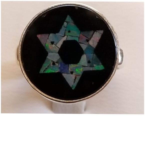 Mosiac Fire Opal in Black Onyx Star of David Ring - Picture 2 of 6